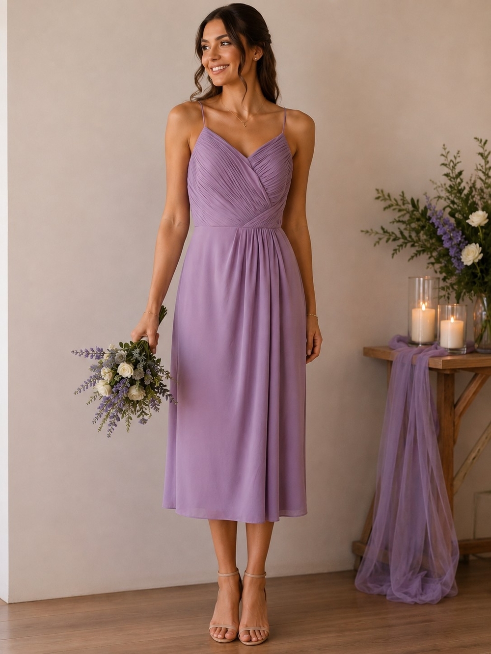 Weddington Way Dusty Lavender Pleated Chiffon Bridesmaid Midi Dress | Size 4 EUC